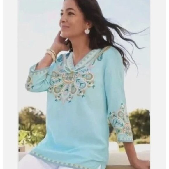 Soft Surroundings Women's Blue Embroidered 3/4 Sleeve V-Neck Tunic Top - Picture 2 of 15